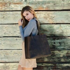 Kiki Leather Raw Edge Brown Tote Bag